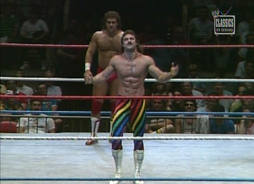 Enhancement talent Jerry Allen holds a pinfall victory over ‘Ravishing’ Rick Rude in the WWF back in 1987.
