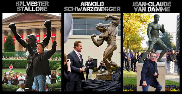 Stallone, Schwarzenegger, Van Damme Statues