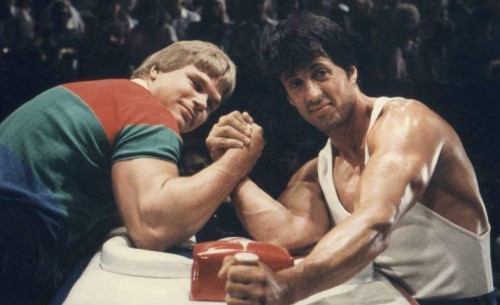 Pulling John Brzenk arm wrestling Sylvester Stallone